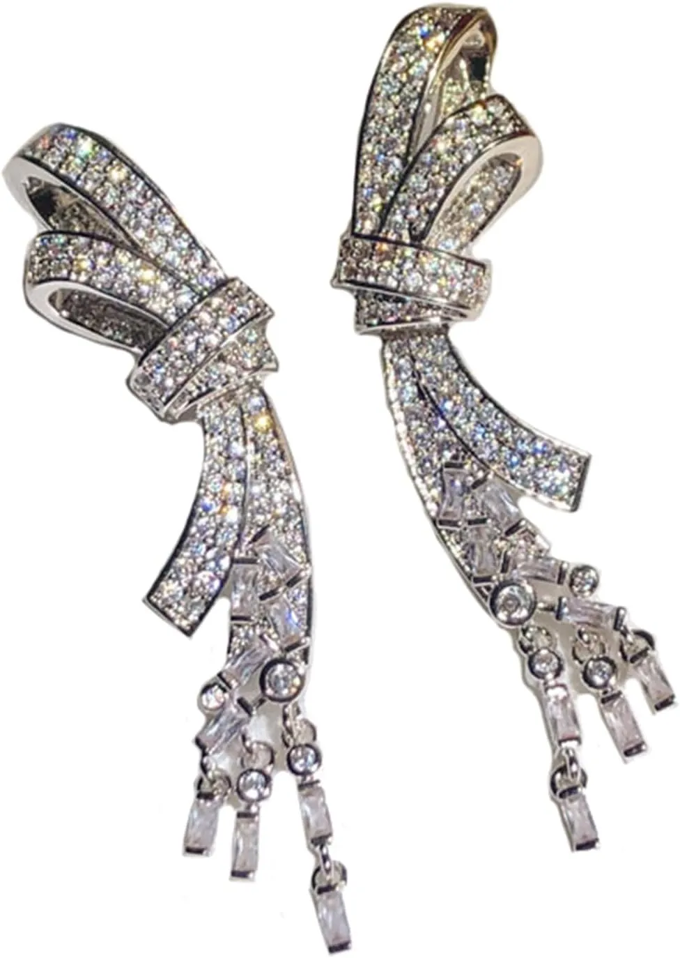 Silver Tone Art Deco Antique Vintage Retro Style Clear Rhinestone Bridal Bridesmaid Wedding Prom Flapper Dangle Earrings