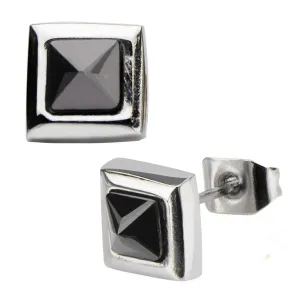Silver Tone Stainless Steel Black Pyramid Crystal Square Studs
