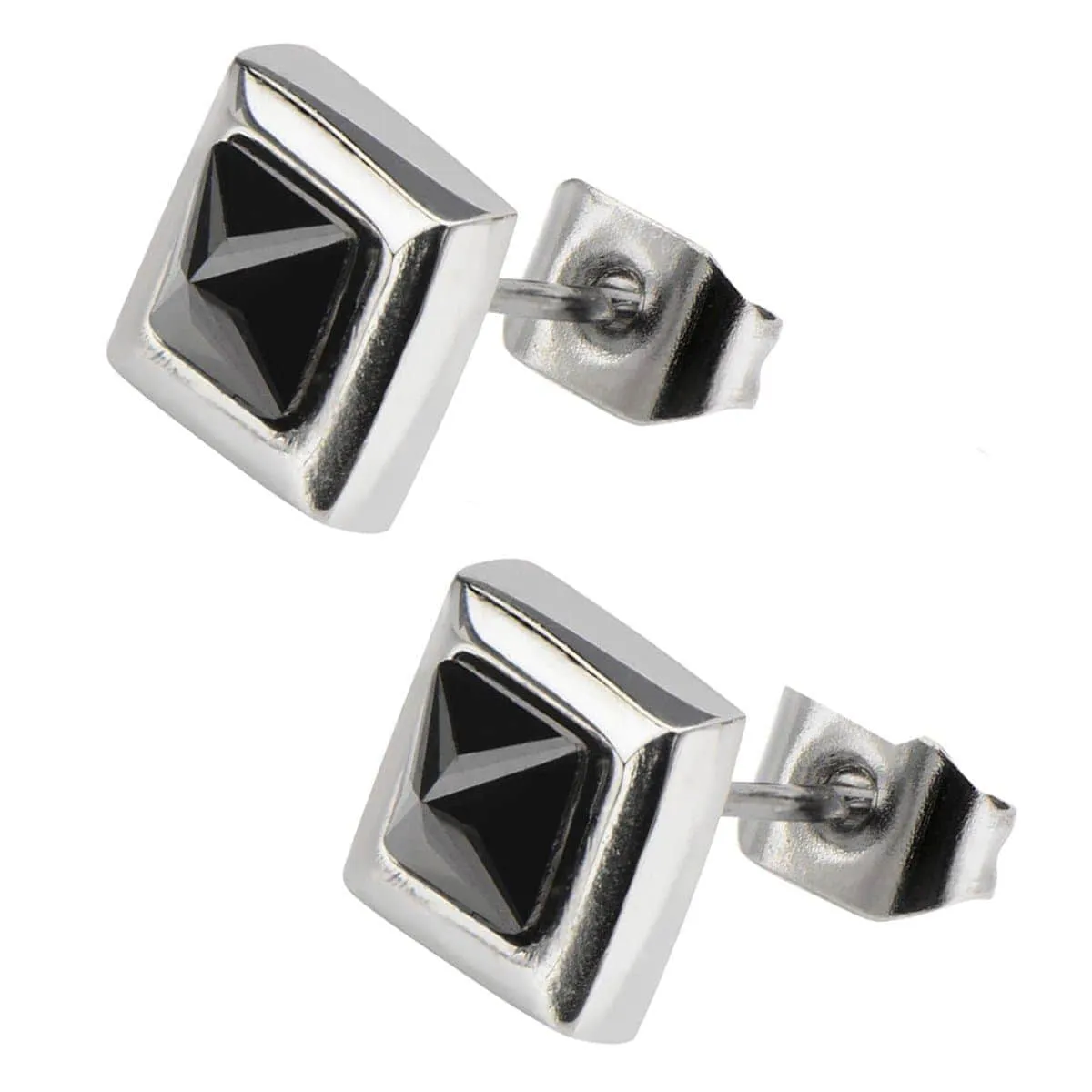 Silver Tone Stainless Steel Black Pyramid Crystal Square Studs