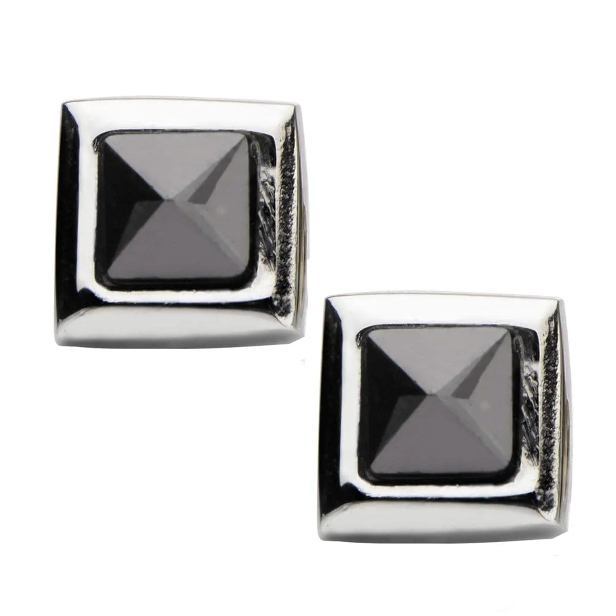 Silver Tone Stainless Steel Black Pyramid Crystal Square Studs