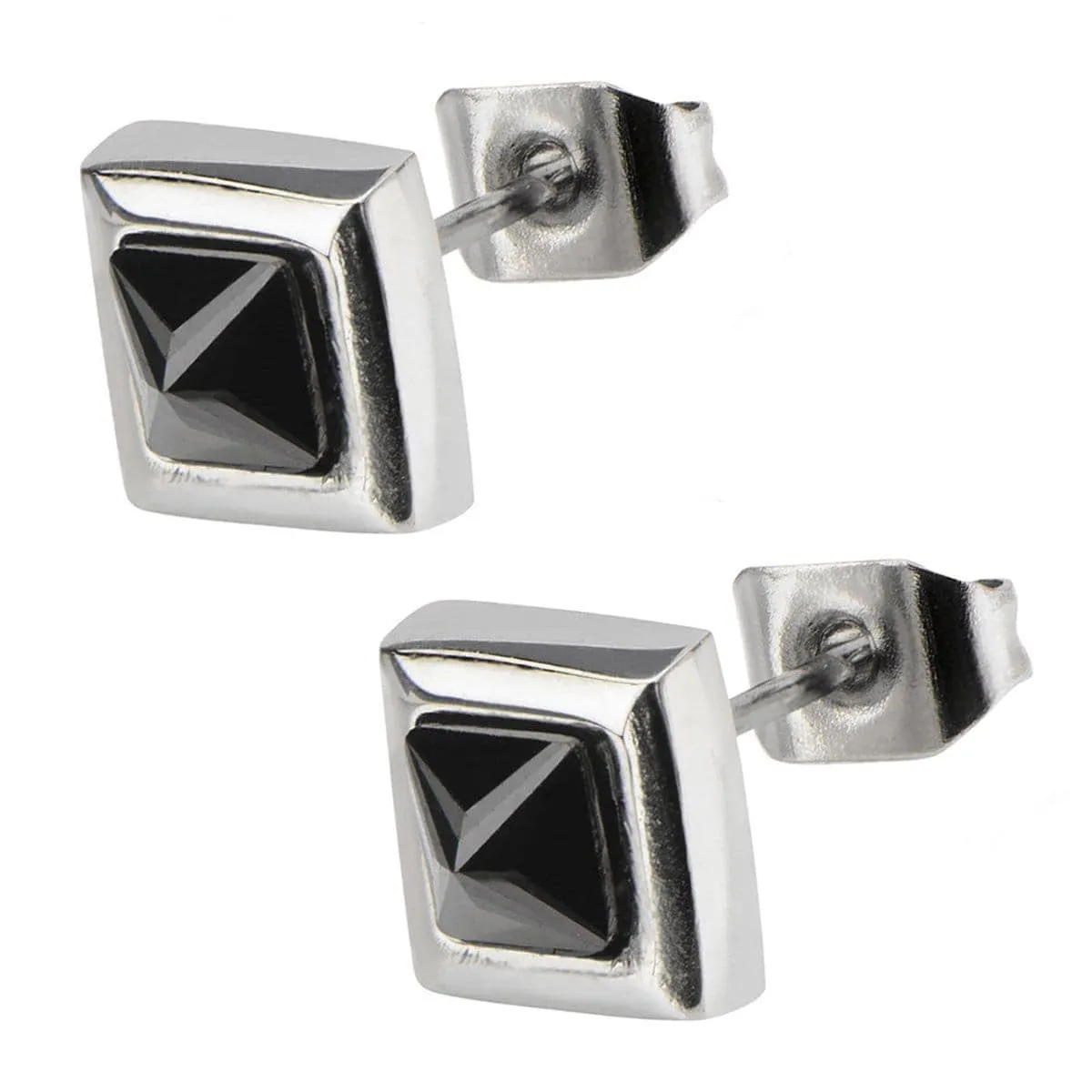 Silver Tone Stainless Steel Black Pyramid Crystal Square Studs