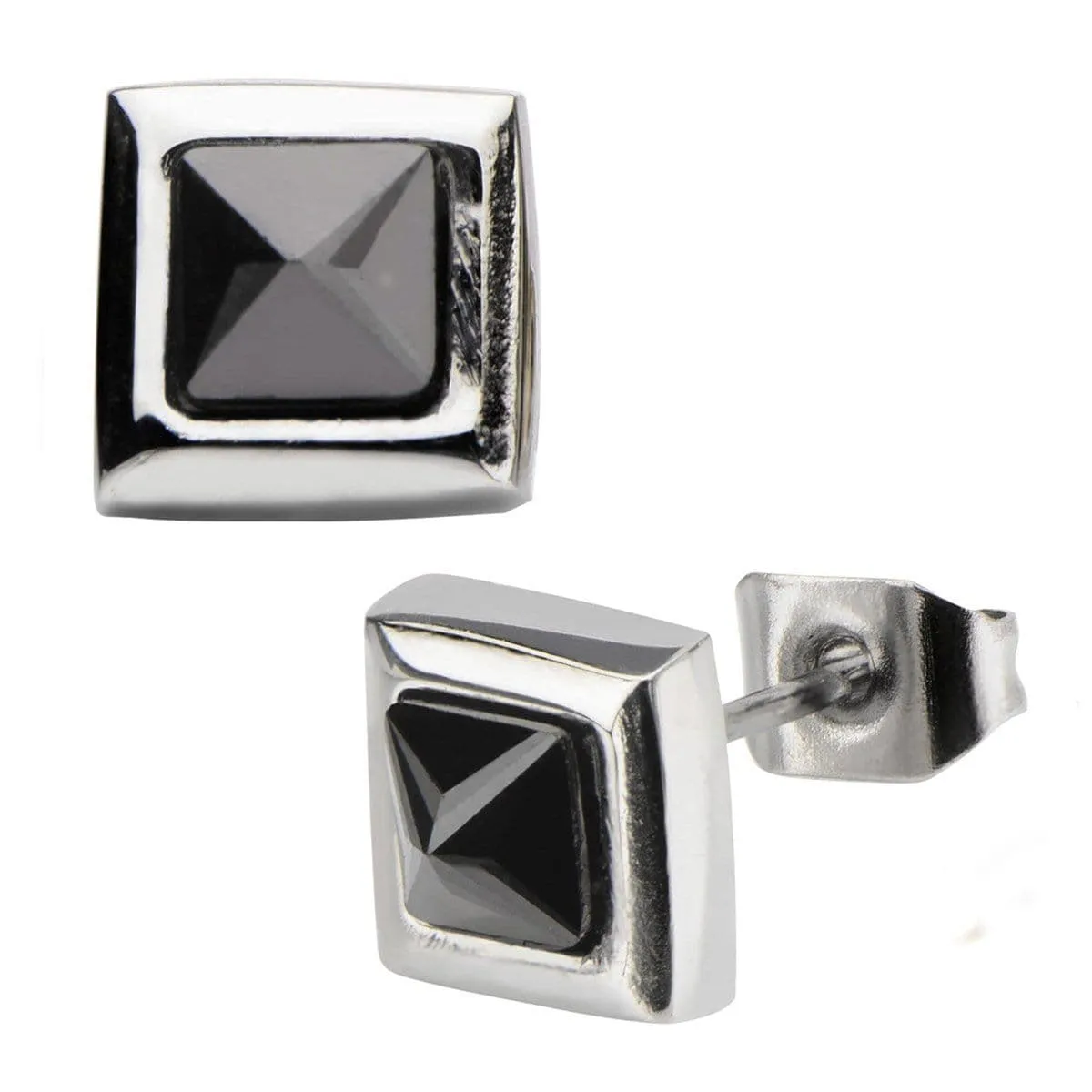 Silver Tone Stainless Steel Black Pyramid Crystal Square Studs