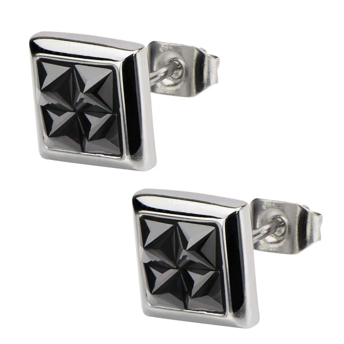 Silver Tone Stainless Steel Four Black Pyramid Crystals Square Studs