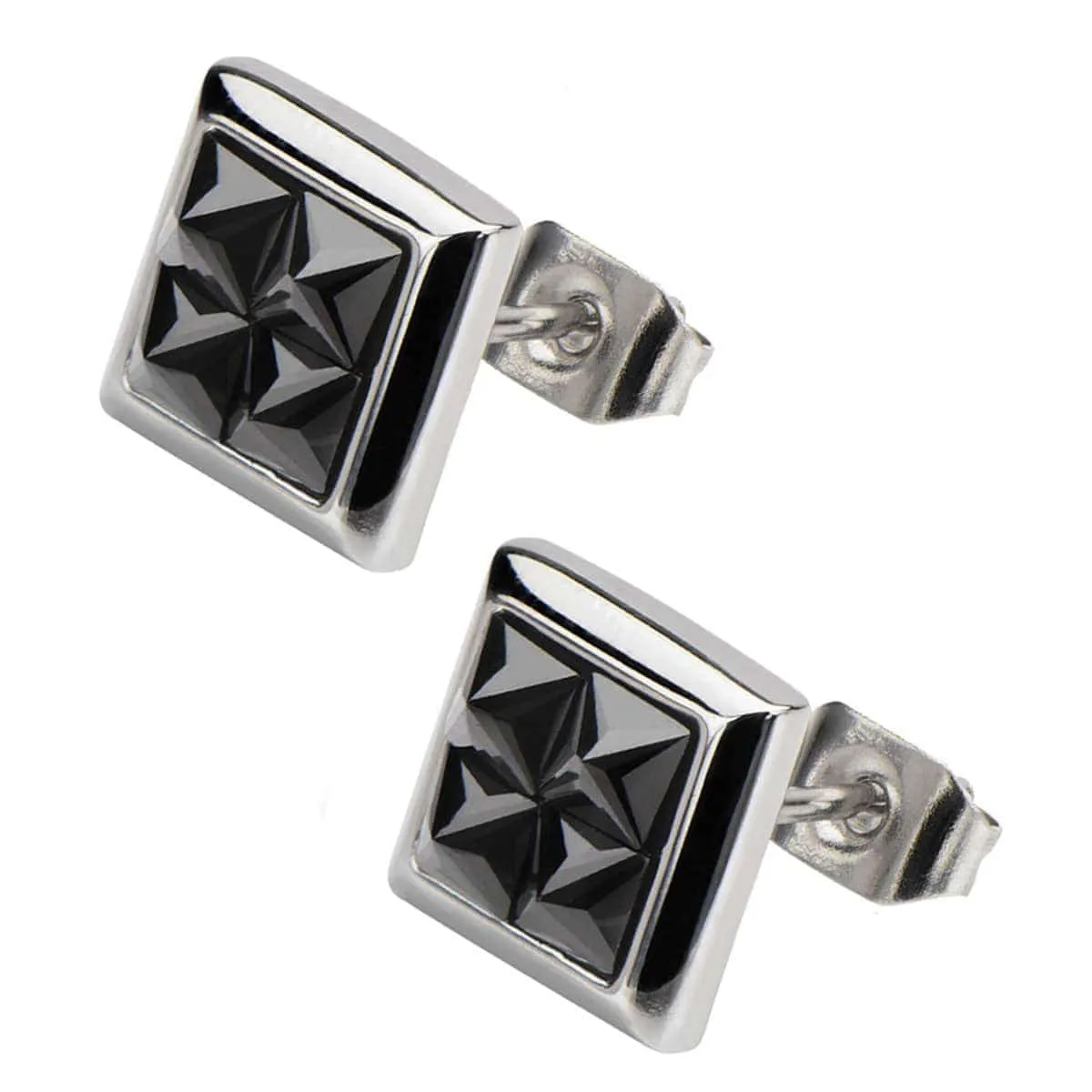 Silver Tone Stainless Steel Four Black Pyramid Crystals Square Studs