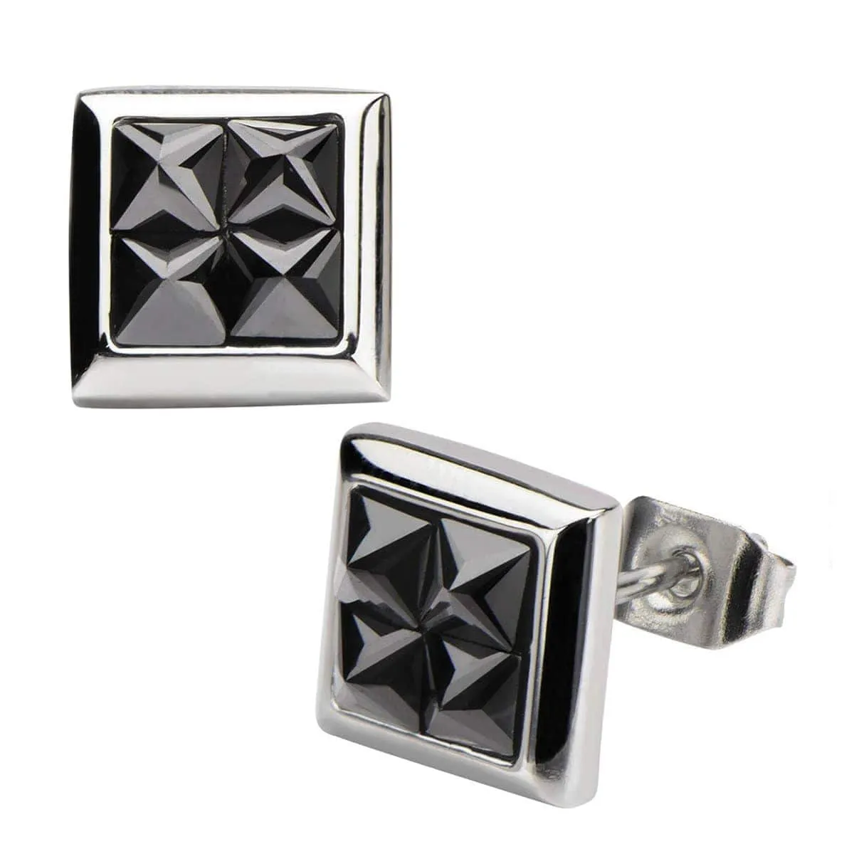 Silver Tone Stainless Steel Four Black Pyramid Crystals Square Studs