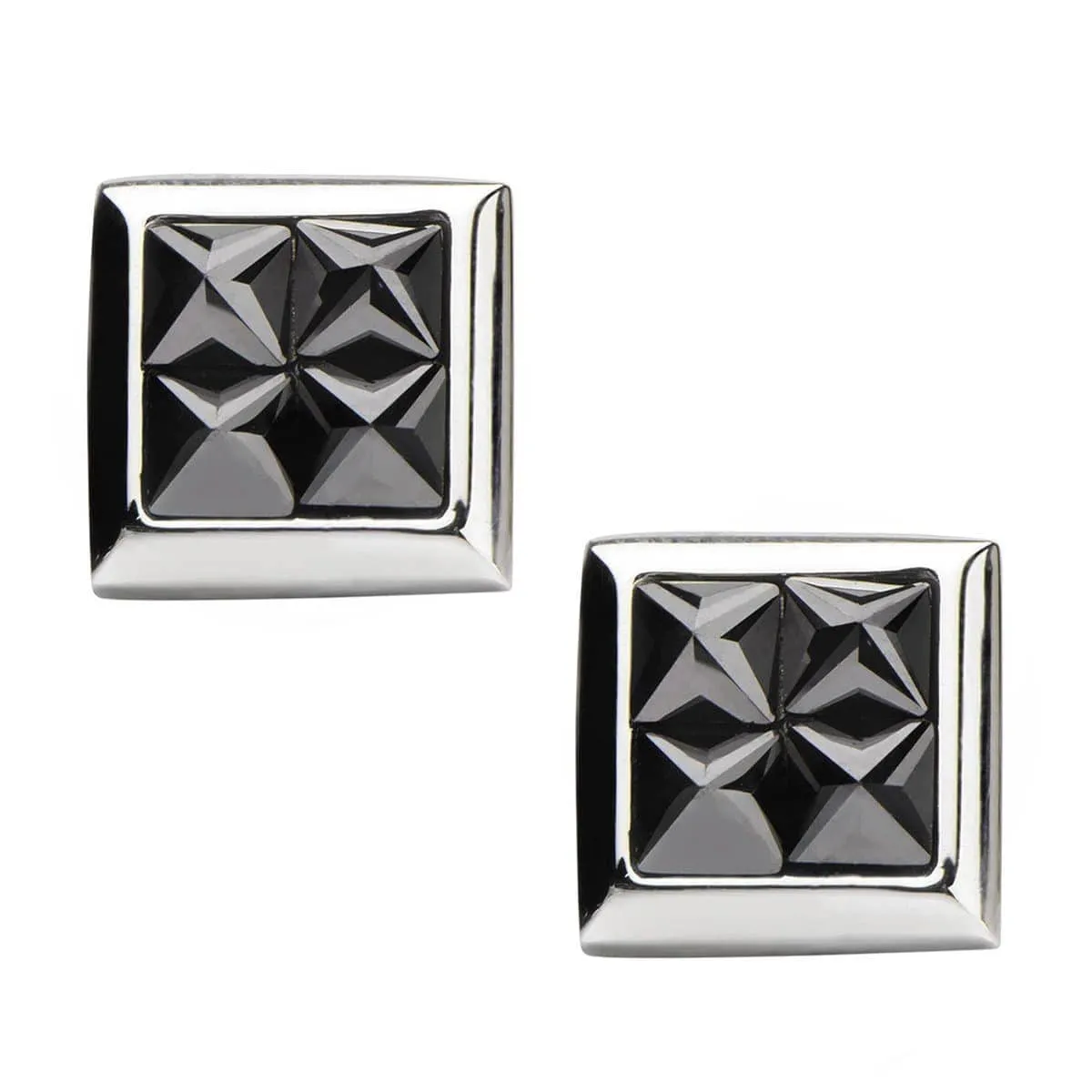 Silver Tone Stainless Steel Four Black Pyramid Crystals Square Studs