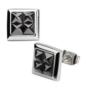Silver Tone Stainless Steel Four Black Pyramid Crystals Square Studs