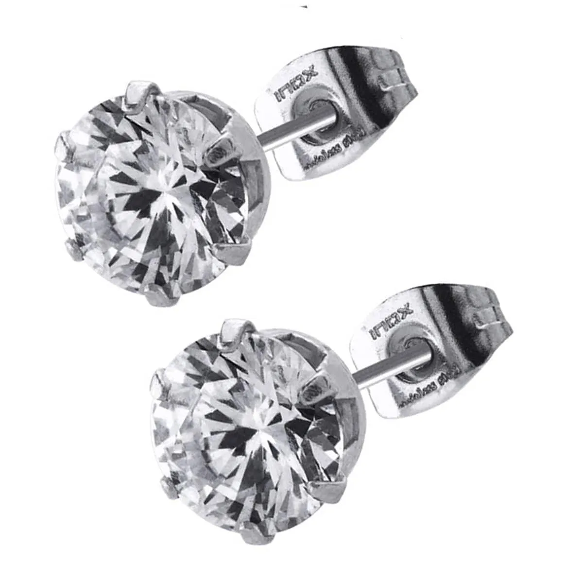 Silver Tone Stainless Steel Six Prong CZ Solitaire Studs
