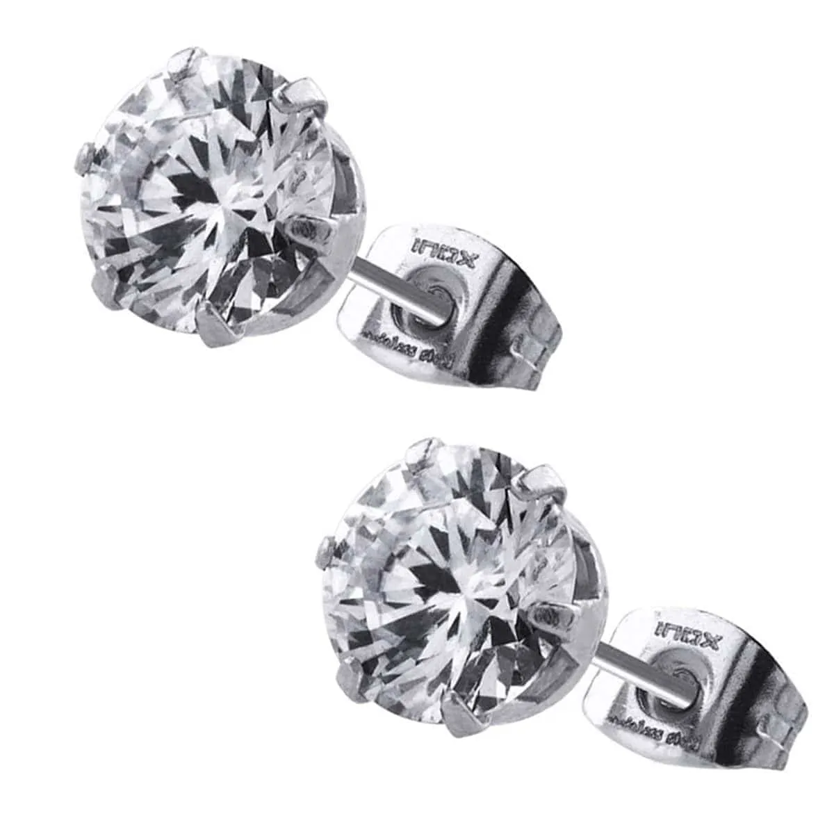 Silver Tone Stainless Steel Six Prong CZ Solitaire Studs
