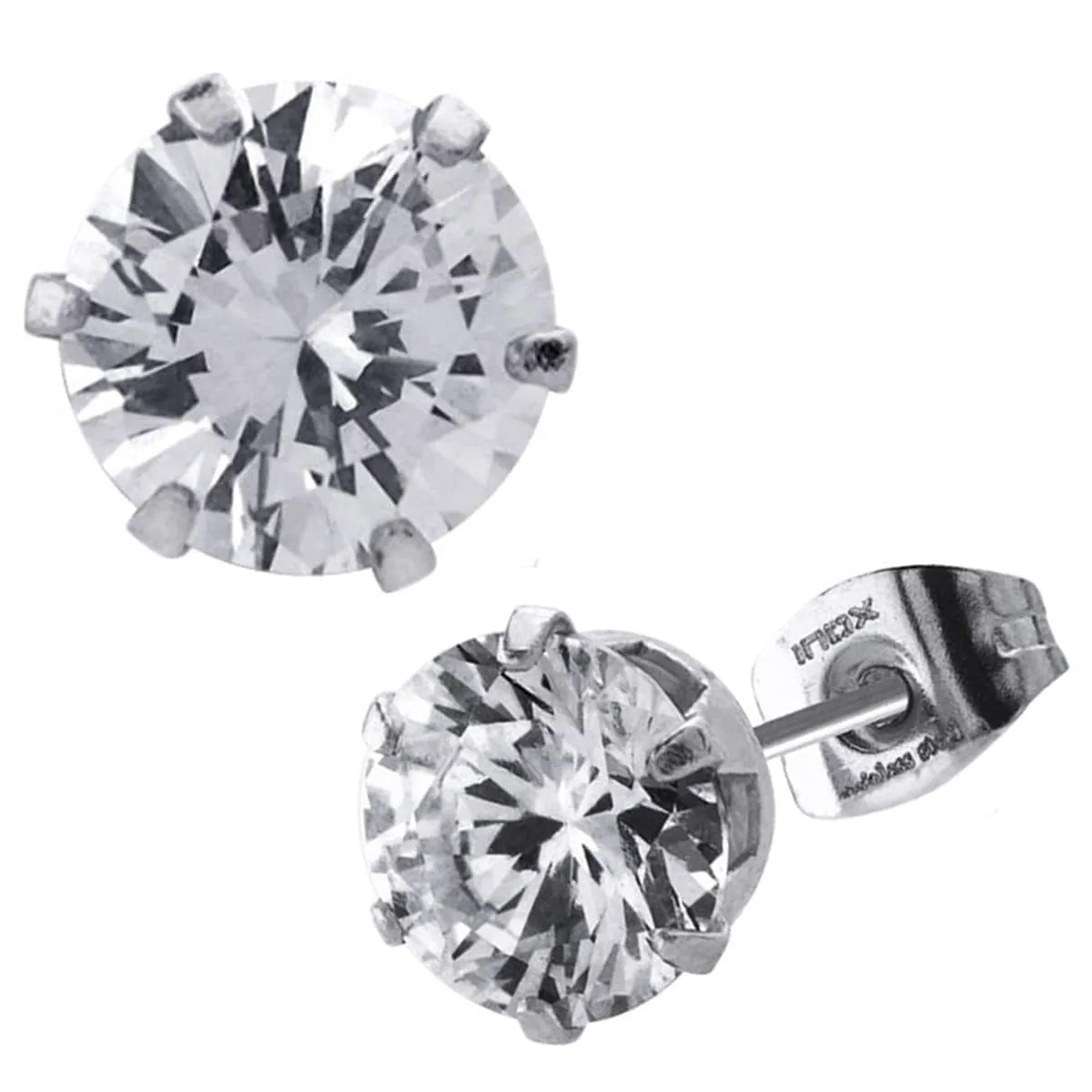 Silver Tone Stainless Steel Six Prong CZ Solitaire Studs