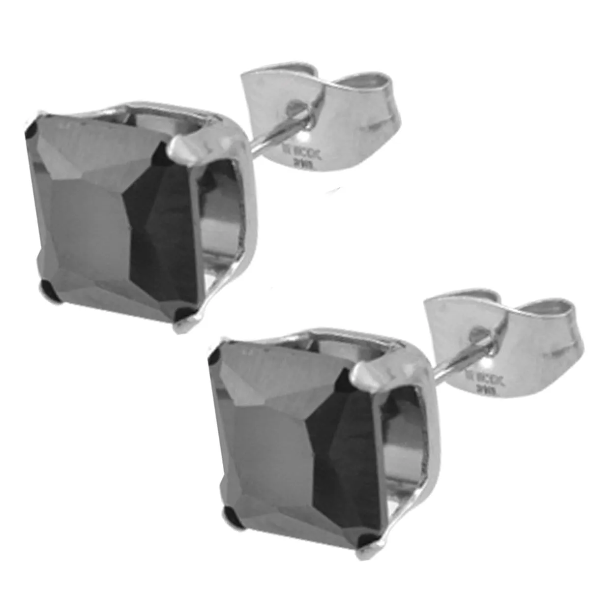 Silver Tone Stainless Steel Square Cut Black CZ Studs