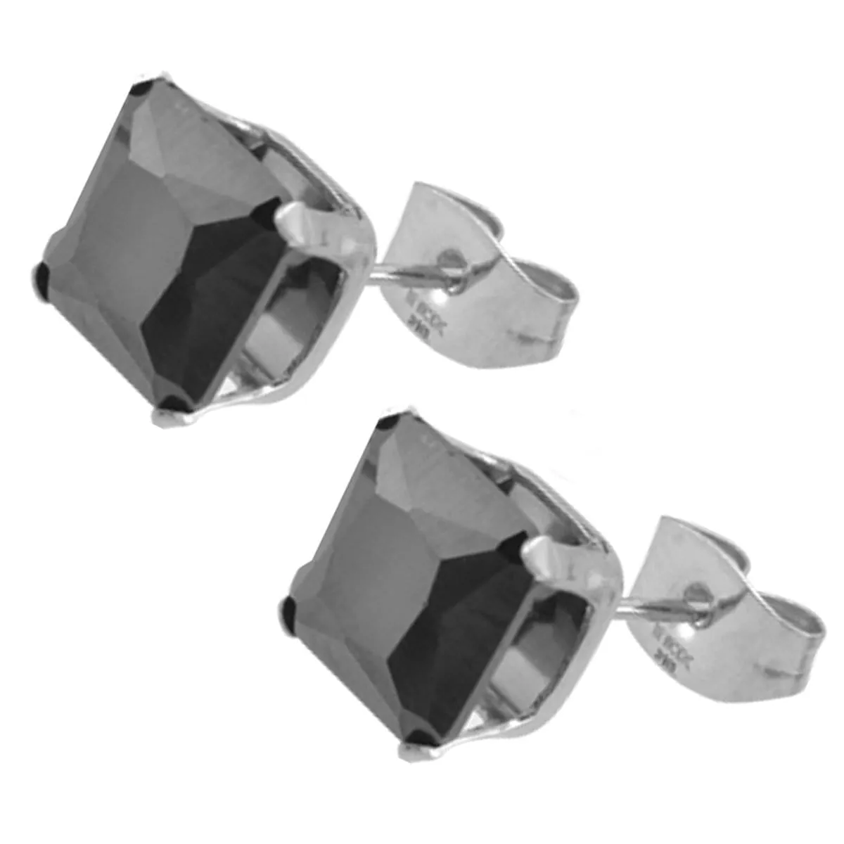 Silver Tone Stainless Steel Square Cut Black CZ Studs