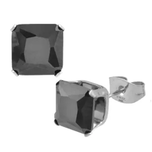 Silver Tone Stainless Steel Square Cut Black CZ Studs
