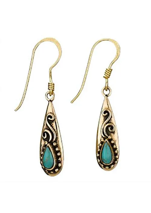 Small Bronze Teardrop Turquoise Earrings - Sterling Silver