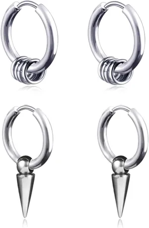 Small Hoop Earrings for Men Women With Cross Feather Spikes Ball Chain Dangle Charms Black Silver 316L Stainless Steel Punk Hip Hop Rock Gothic Kpop Huggies Earrings Set