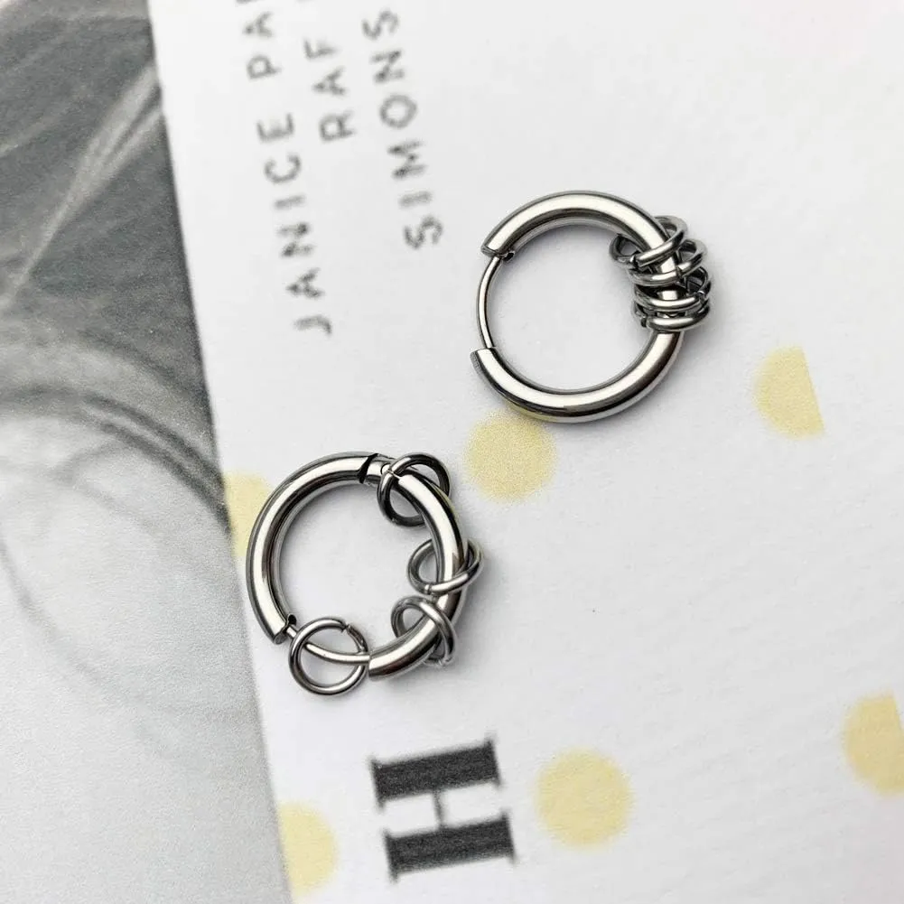 Small Hoop Earrings for Men Women With Cross Feather Spikes Ball Chain Dangle Charms Black Silver 316L Stainless Steel Punk Hip Hop Rock Gothic Kpop Huggies Earrings Set
