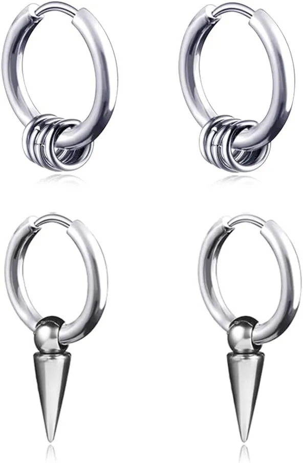 Small Hoop Earrings for Men Women With Cross Feather Spikes Ball Chain Dangle Charms Black Silver 316L Stainless Steel Punk Hip Hop Rock Gothic Kpop Huggies Earrings Set