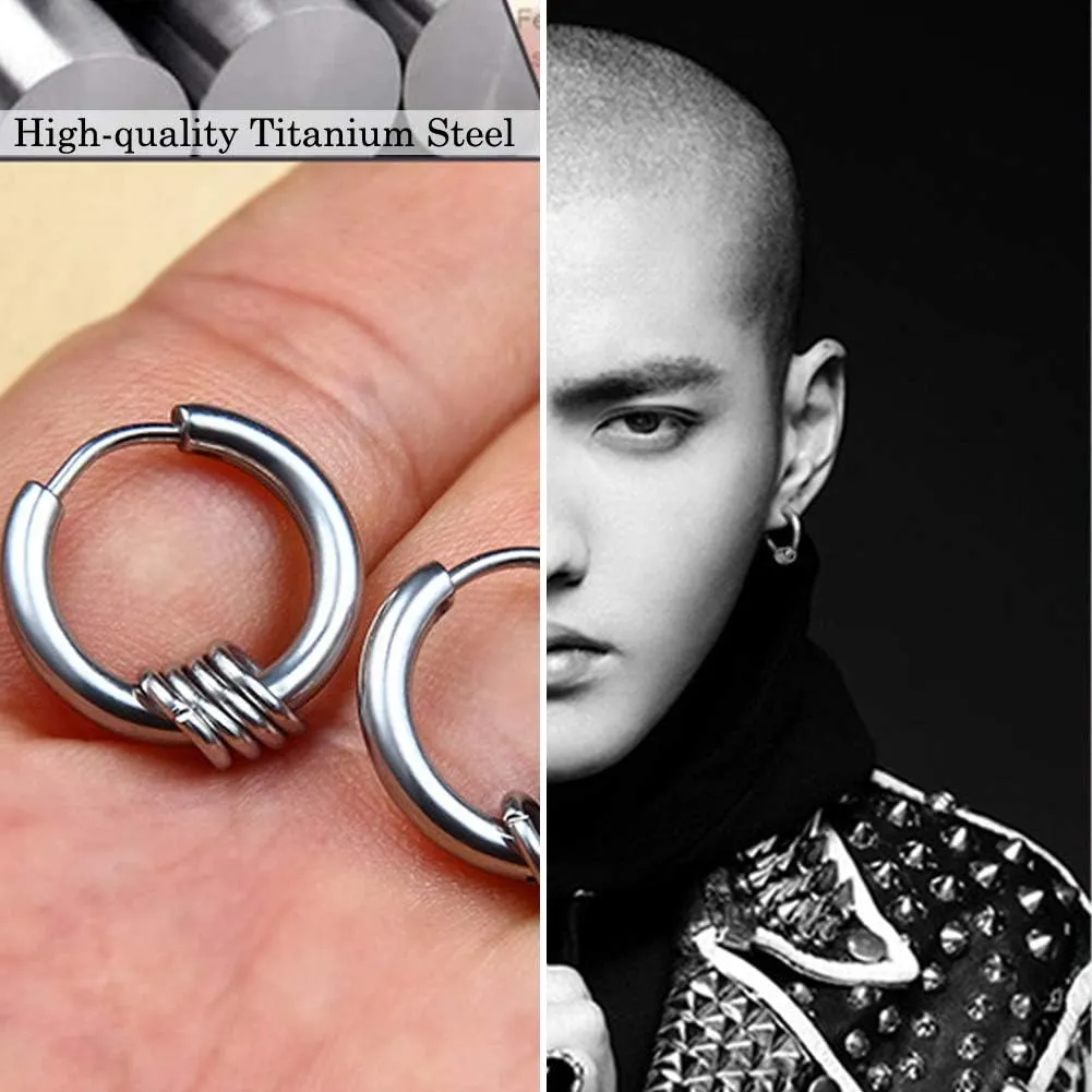 Small Hoop Earrings for Men Women With Cross Feather Spikes Ball Chain Dangle Charms Black Silver 316L Stainless Steel Punk Hip Hop Rock Gothic Kpop Huggies Earrings Set