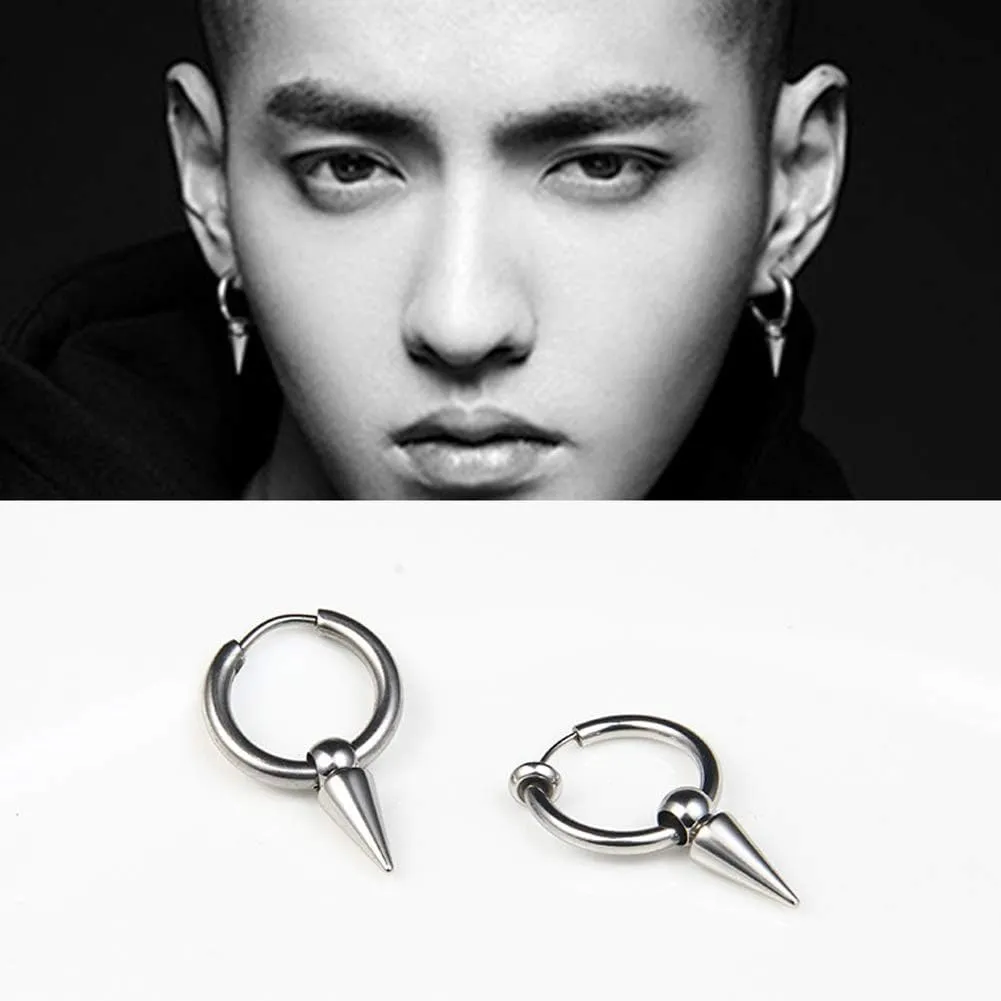 Small Hoop Earrings for Men Women With Cross Feather Spikes Ball Chain Dangle Charms Black Silver 316L Stainless Steel Punk Hip Hop Rock Gothic Kpop Huggies Earrings Set