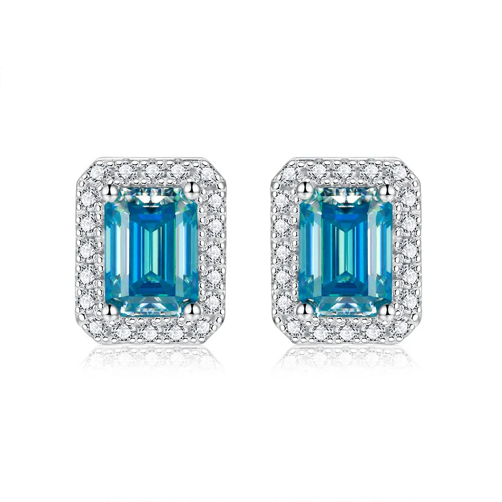 Soleste Halo 1.0 Carat Emerald Cut Moissanite Silver Stud Earrings
