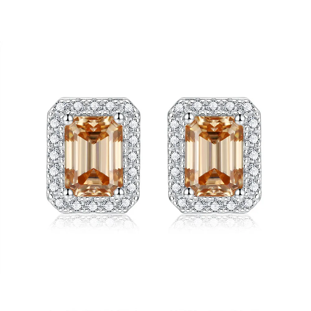 Soleste Halo 1.0 Carat Emerald Cut Moissanite Silver Stud Earrings