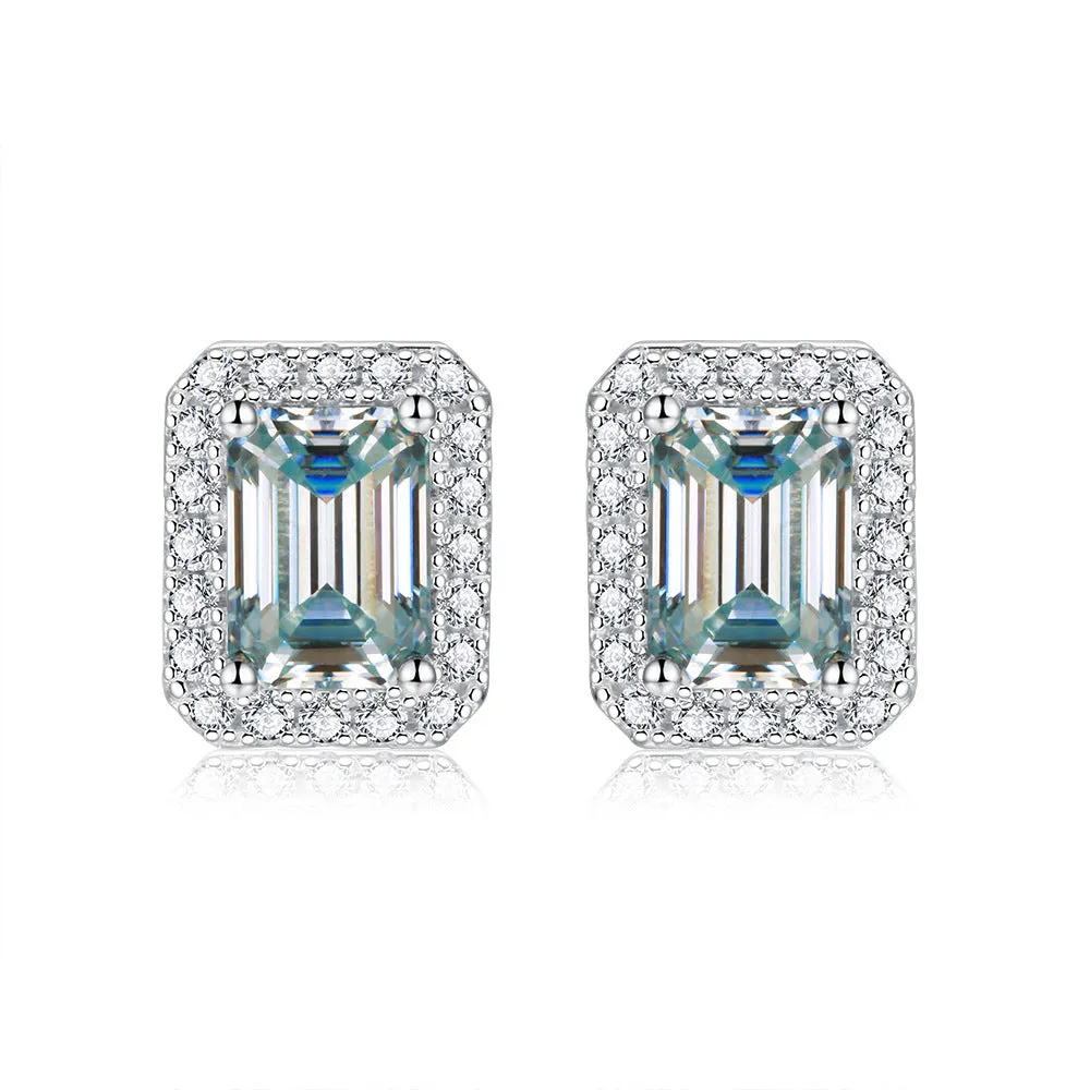 Soleste Halo 1.0 Carat Emerald Cut Moissanite Silver Stud Earrings