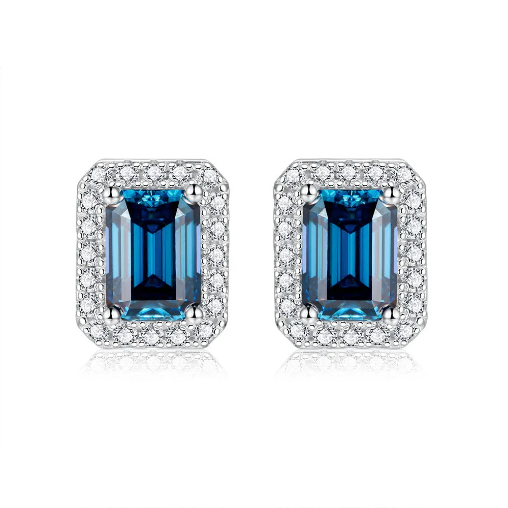 Soleste Halo 1.0 Carat Emerald Cut Moissanite Silver Stud Earrings