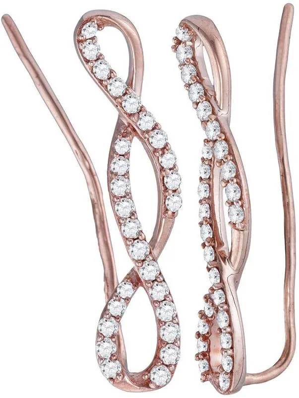 Solid 10K Rose Gold Real Natural Diamond Climber Stud Earrings for Women - 1 Inch Height - 1/2 Carat (.48 Cttw)