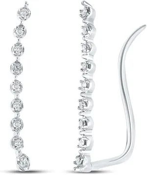 Solid 10K White Gold Real Natural Diamond Climber Stud Earrings for Women - 3/4 Inch Height - 1/20 Carat (.05 Cttw)