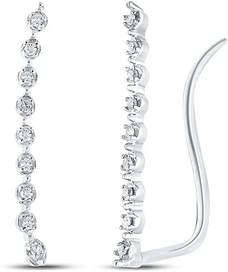 Solid 10K White Gold Real Natural Diamond Climber Stud Earrings for Women - 3/4 Inch Height - 1/20 Carat (.05 Cttw)