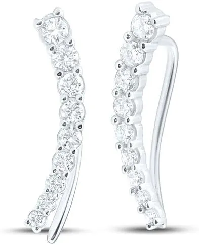 Solid 10K White Gold Real Natural Diamond Graduated Climber Stud Earrings for Women 1/2 Carat (.50 Cttw)