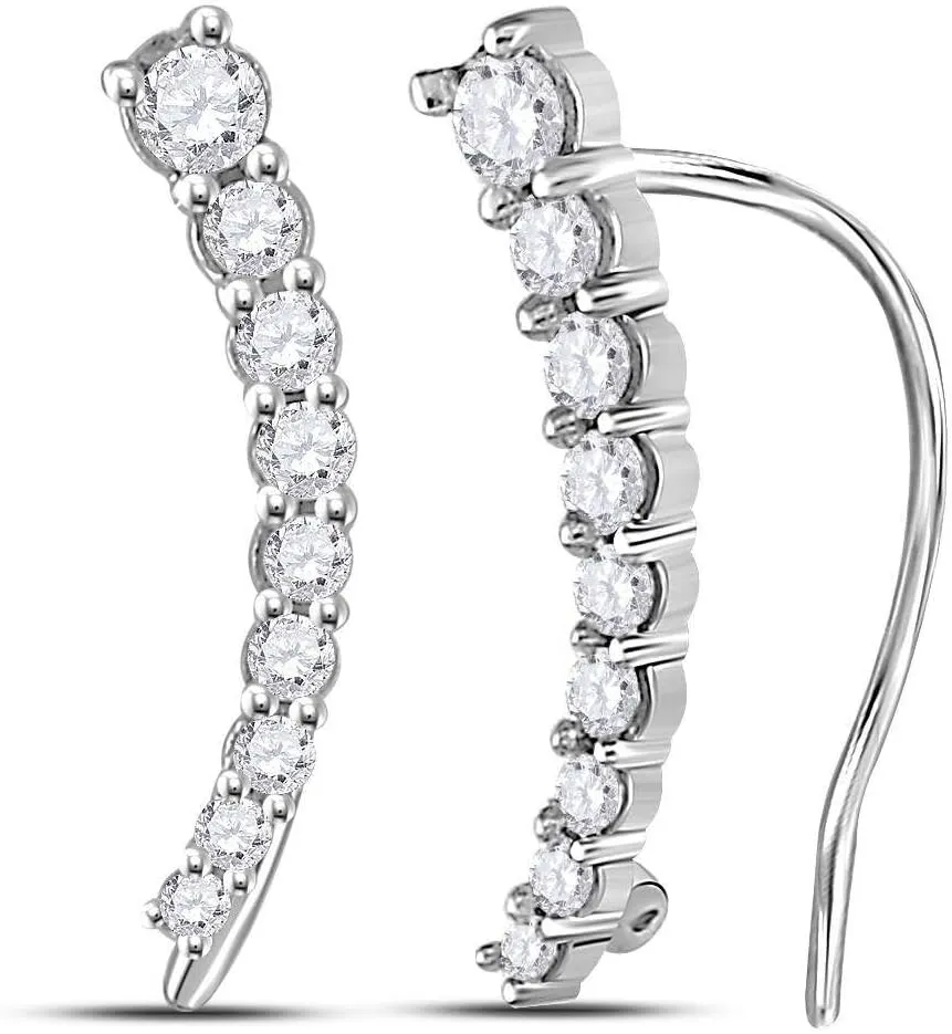 Solid 10K White Gold Real Natural Diamond Graduated Journey Climber Stud Earrings for Women - 1/2 Inch Height - 1/4 Carat (.25 Cttw)