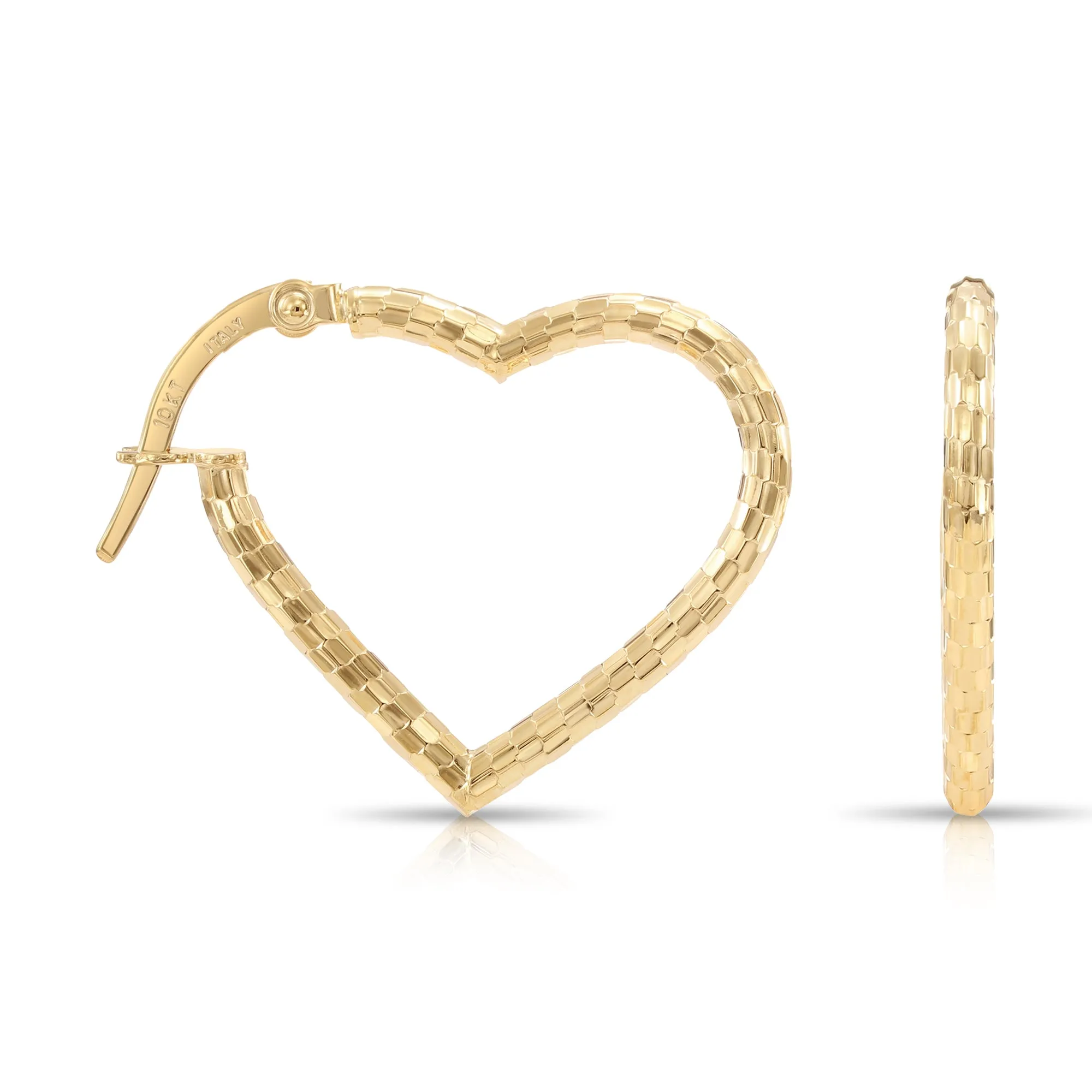 Solid 10K Yellow Gold Diamond-Cut Heart Hoop Earrings, Italian Style Design Hoops