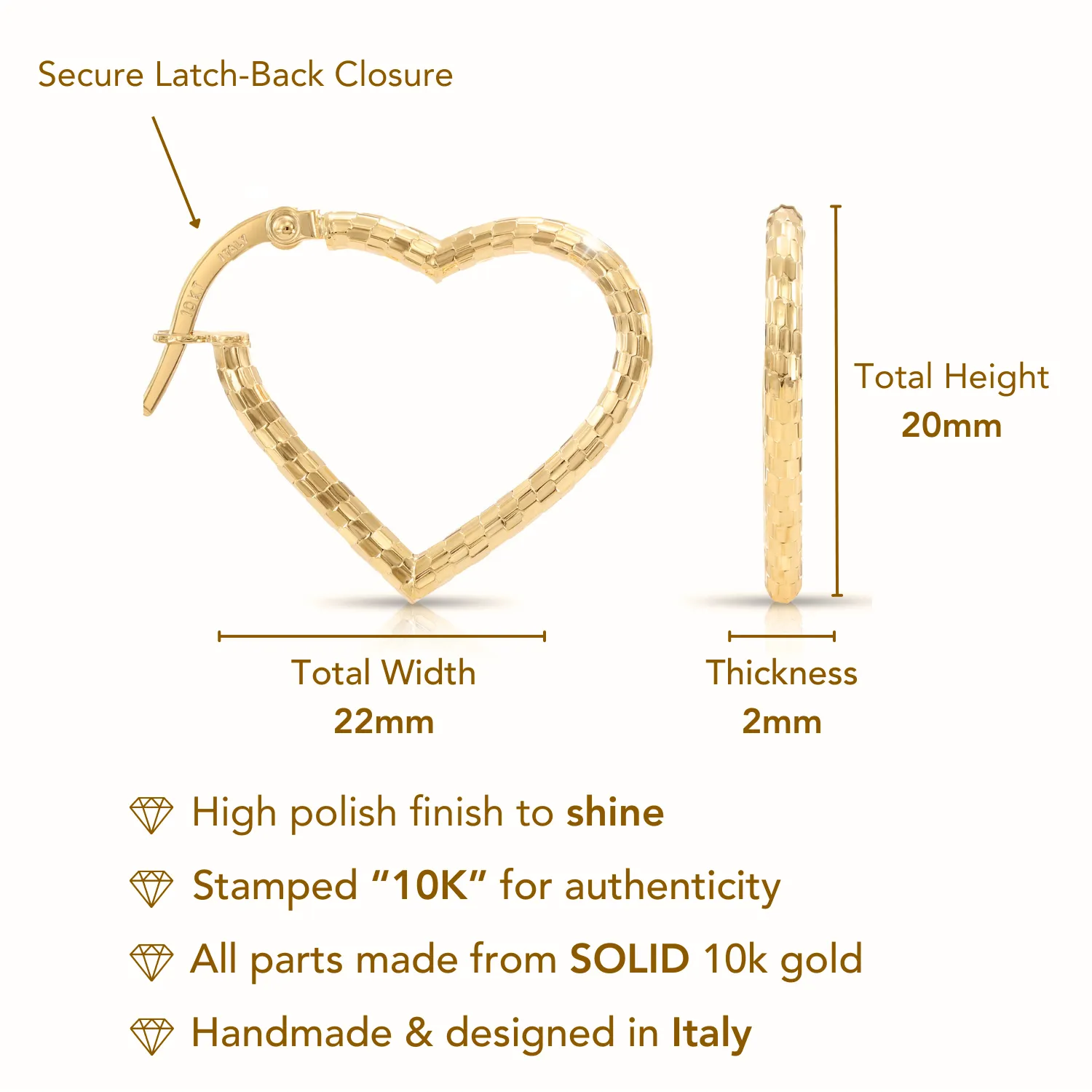 Solid 10K Yellow Gold Diamond-Cut Heart Hoop Earrings, Italian Style Design Hoops