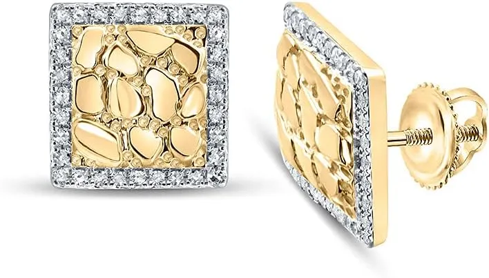 Solid 10K Yellow Gold Real Natural Diamond Nugget Square Stud Earrings 1/6 Carat (.16 Cttw)