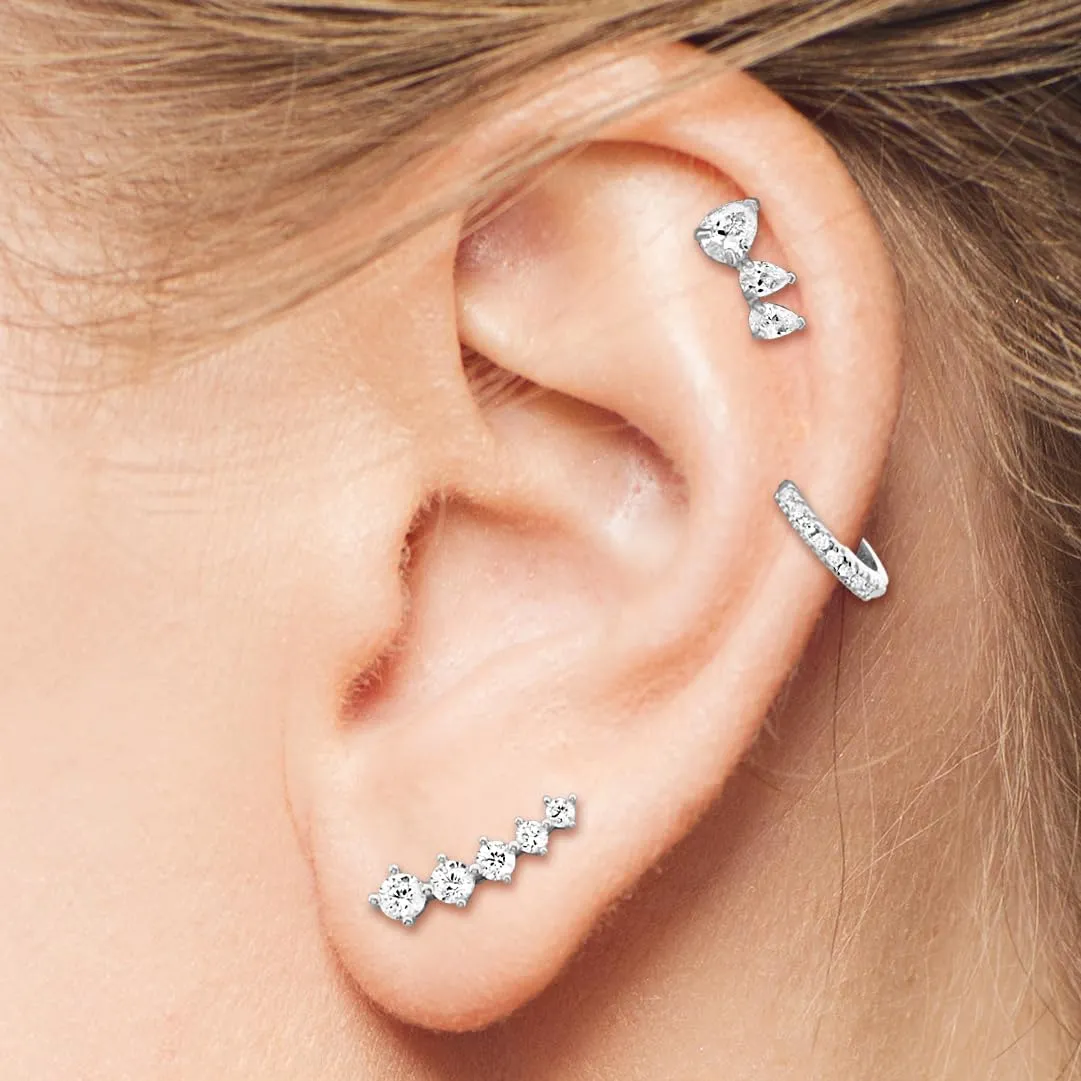 Solid 14k Gold Graduated Crawler Curved Bar Climber Five Stone Stud Earrings