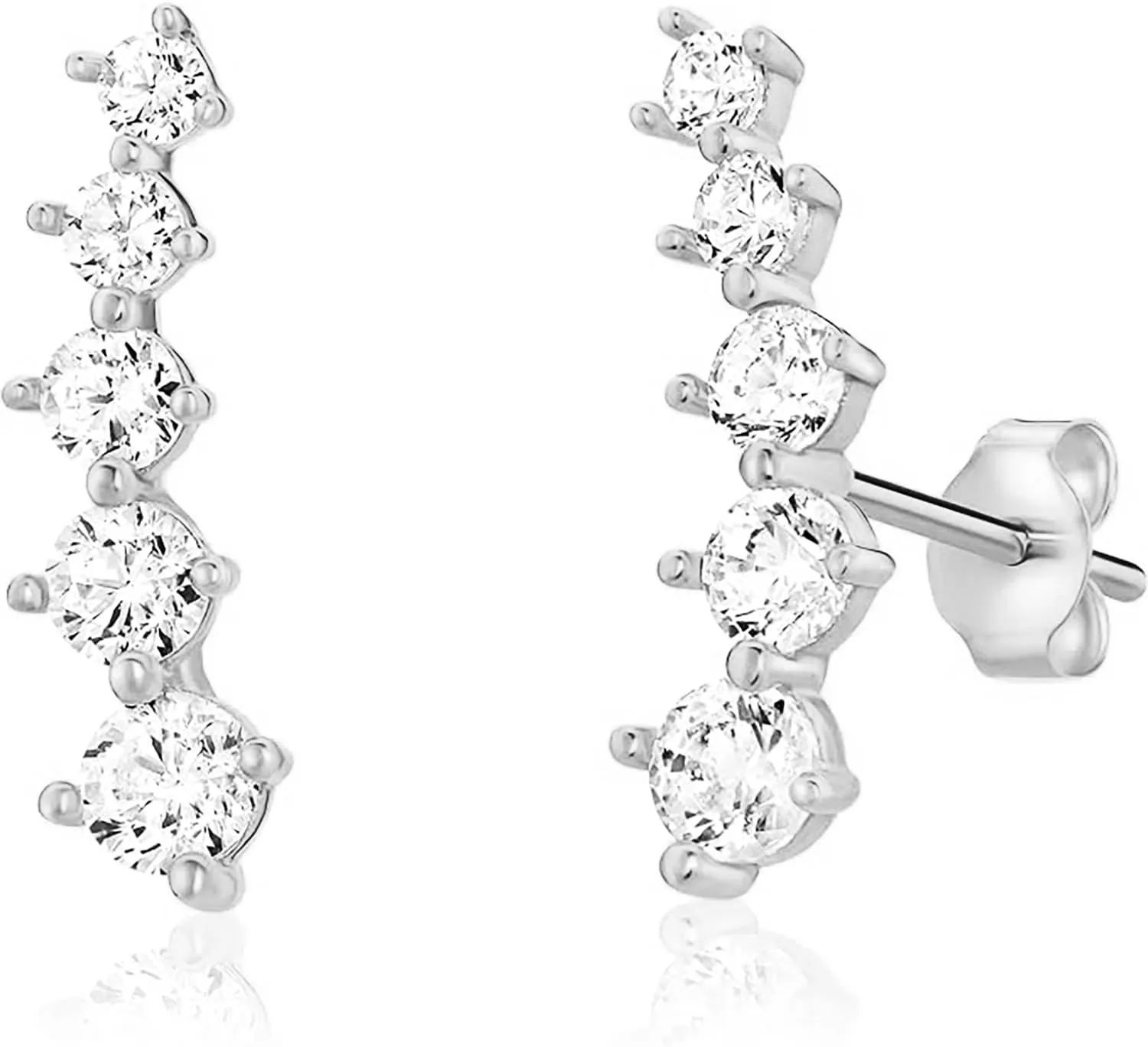 Solid 14k Gold Graduated Crawler Curved Bar Climber Five Stone Stud Earrings