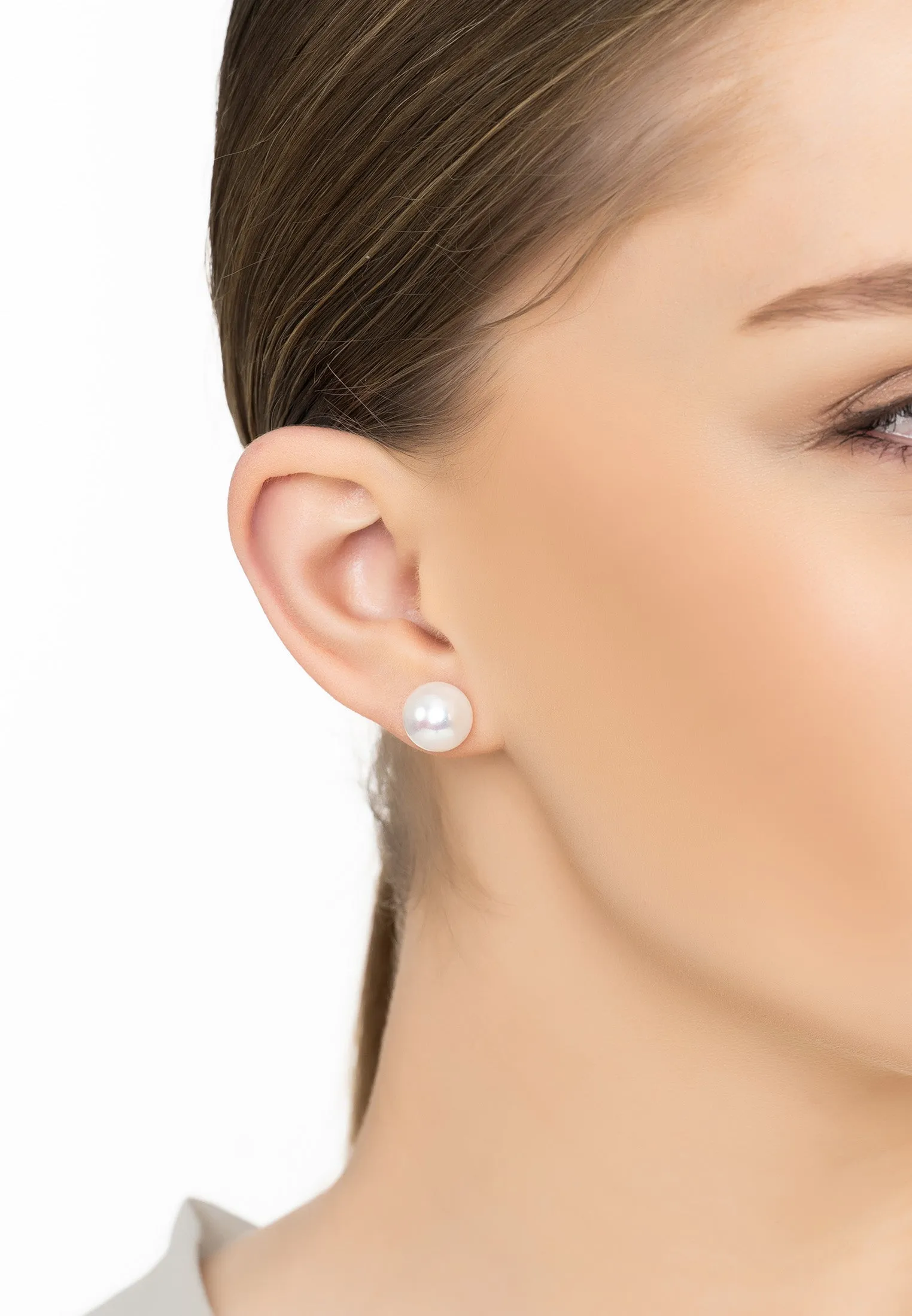 Solid 14K White Gold 11mm Classic Natural Pearl Stud Earrings