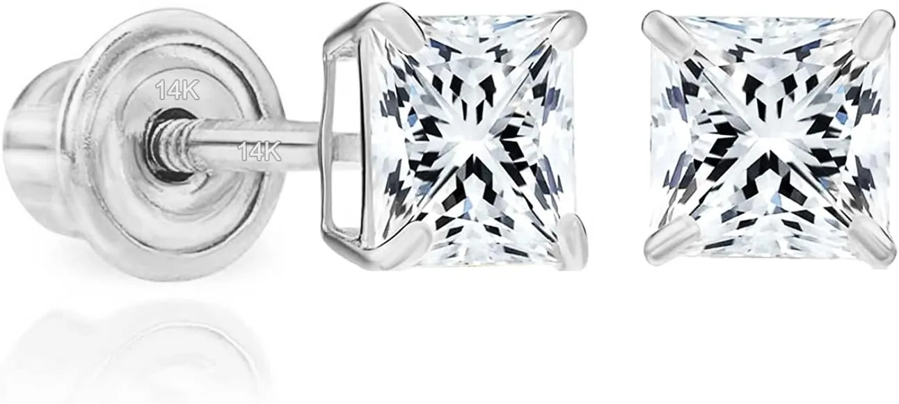 Solid 14k White Gold Solitaire Square Princess-cut CZ Stud Earrings with Screw-back