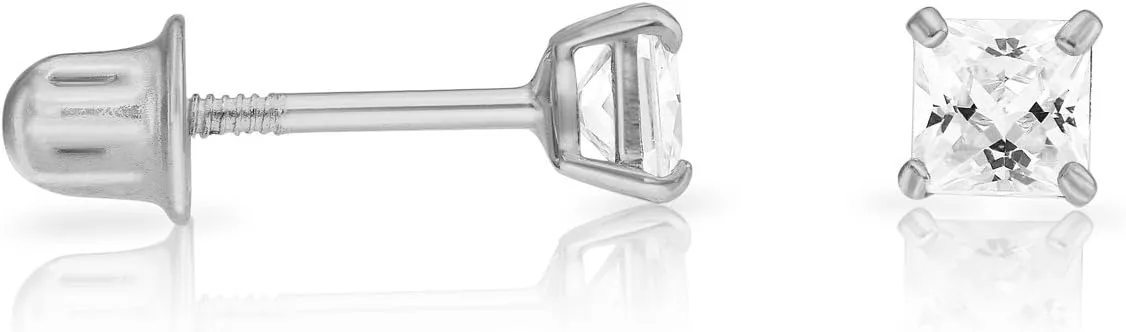 Solid 14k White Gold Solitaire Square Princess-cut CZ Stud Earrings with Screw-back