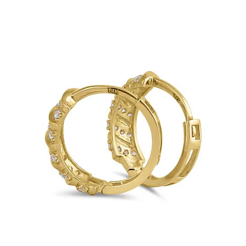Solid 14K Yellow Gold 4.5mm x 14mm Striped Clear CZ Hoop Earrings
