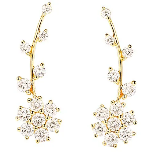 Solid 18k Gold 0.70ctw Cluster Diamond Ear Climbers, 18k Diamond Flower Bridal Ear Hook, 3 Gold Colors Available, Wholesale Available