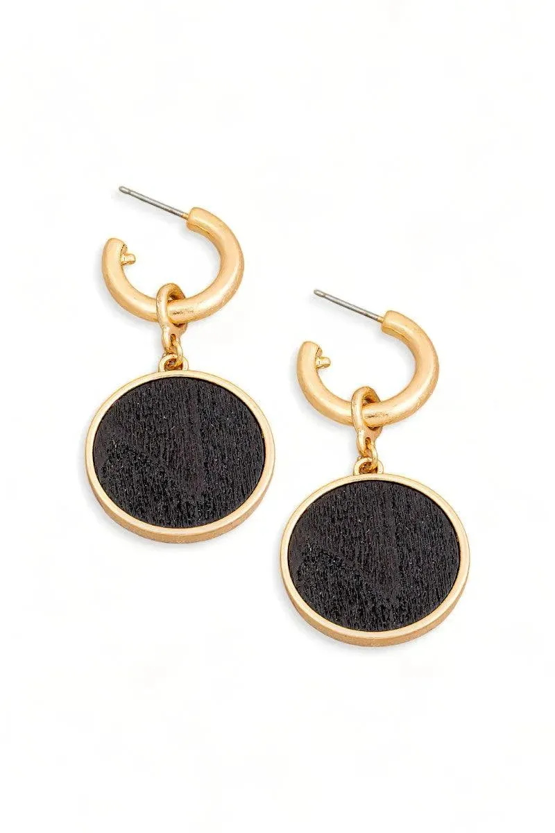 Solid Wooden Disc Round Drop Plated Earrings