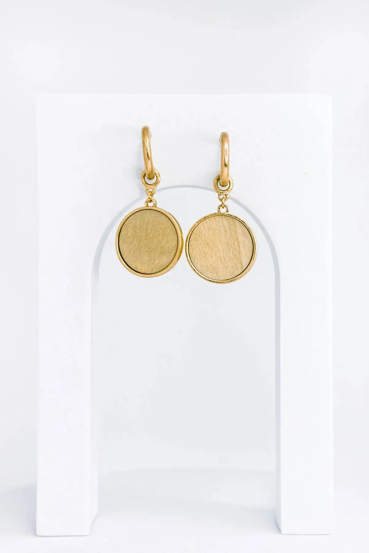 Solid Wooden Disc Round Drop Plated Earrings