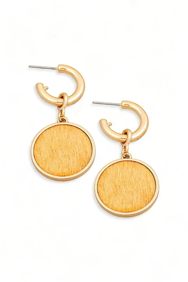 Solid Wooden Disc Round Drop Plated Earrings
