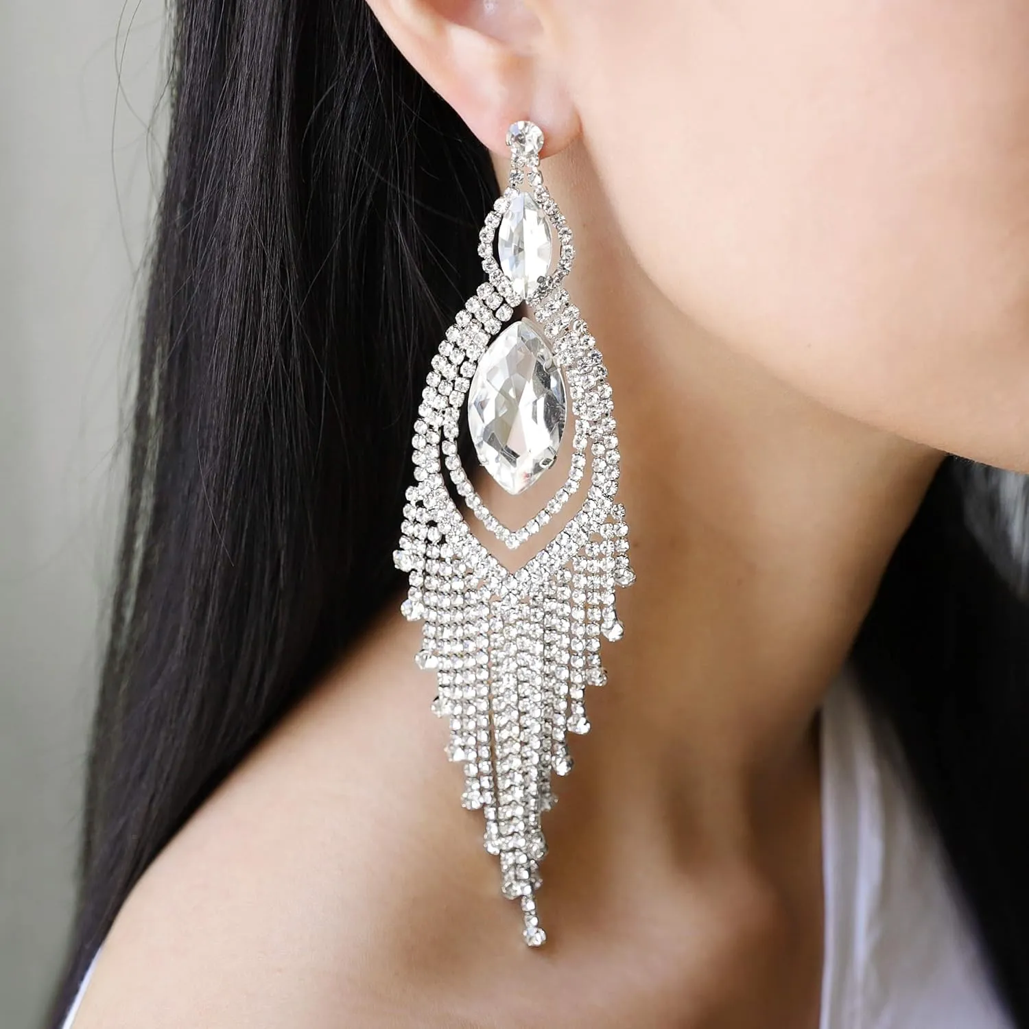 SP SOPHIA COLLECTION Women's Stunning Geometric Rhinestone Fringe Chandelier Post Earrings