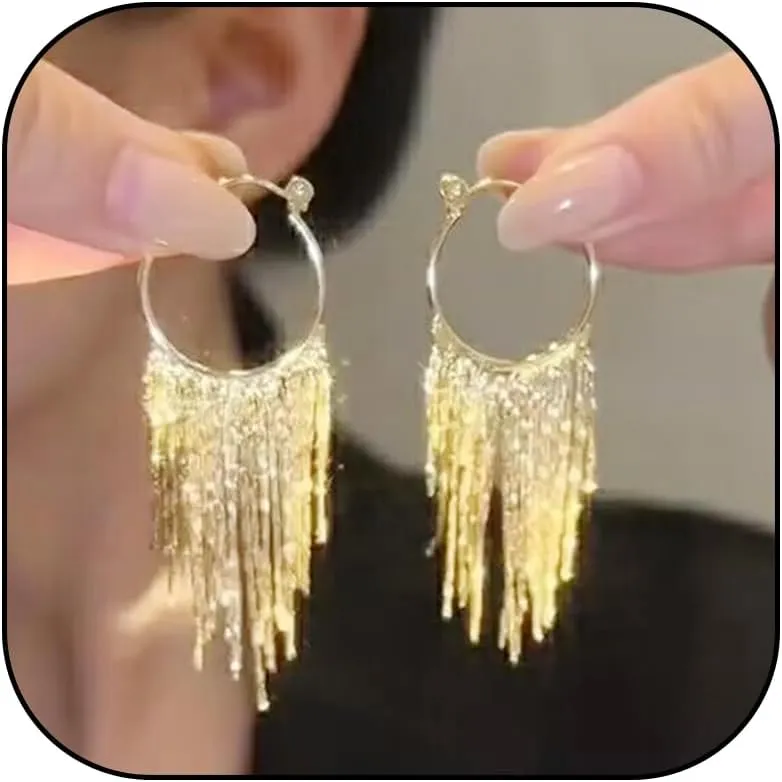 Sparkling Tassel Dangle Earrings Gold Long Tassel Earrings Minimalist Style Statement Earrings