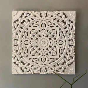Square Distressed White Carved Panel