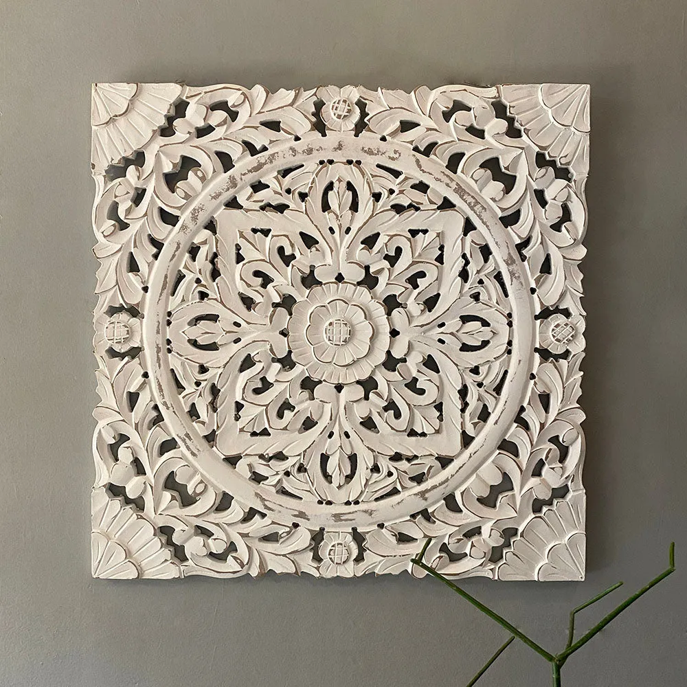 Square Distressed White Carved Panel