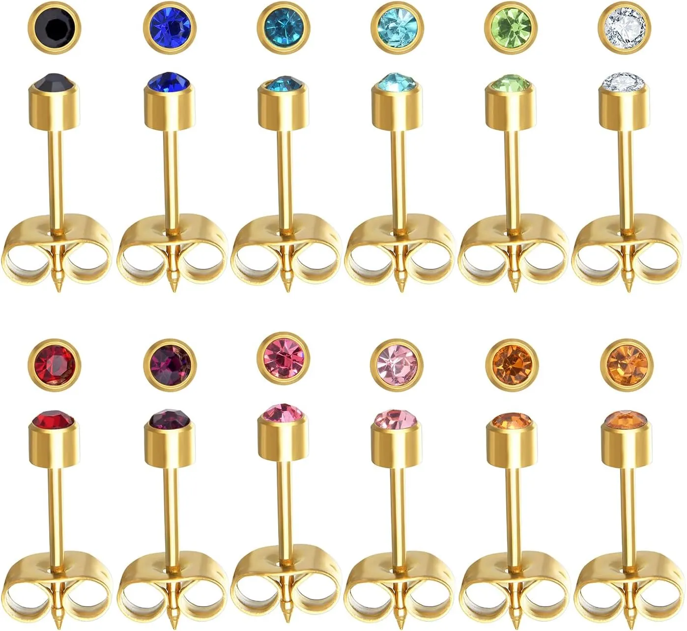 Stainless Steel Ear Piercing Stud Earrings for Piercing Guns Gold Plated Surgical Steel Round CZ Birthstone Stud Earrings Set 12 Pairs